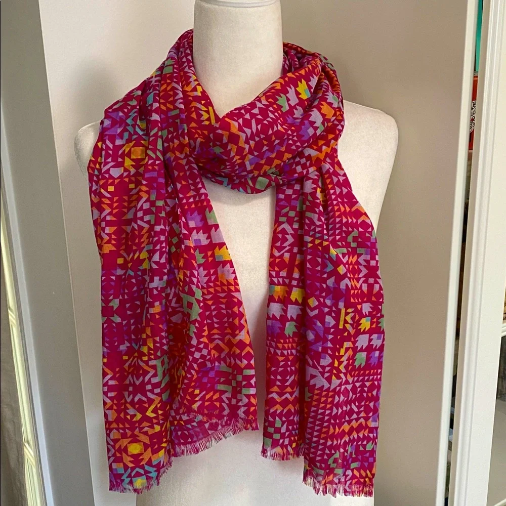 Magenta Pink Geometric Color Block Abstract Floral Oblong Scarf Lightweight